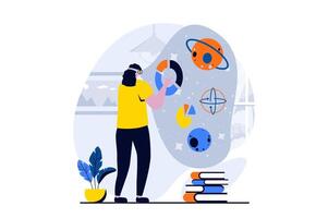 Metaverse concept with people scene in flat cartoon design. Woman in VR headset interacts in virtual simulation with planets, touching diagram and researching. illustration visual story for web vector