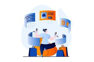 Metaverse concept with people scene in flat cartoon design. Woman in VR headset interacts with online shopping and cryptocurrency exchange in cyberspace. illustration visual story for web vector