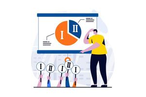 Finding solution concept with people scene in flat cartoon design. Man works with diagram divided into sectors and analyzes statistics of client behavior. illustration visual story for web vector