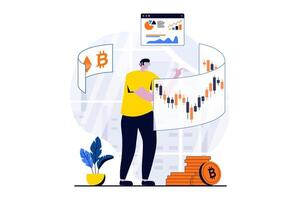 Metaverse concept with people scene in flat cartoon design. Man in VR headset interacts in virtual simulation with dashboards with cryptocurrency exchange. illustration visual story for web vector