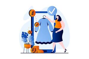 Mobile commerce concept with people scene in flat cartoon design. Woman chooses new dress on website of store and pays for purchases using smartphone app. illustration visual story for web vector