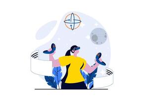 Metaverse concept with people scene in flat cartoon design. Woman in VR headset with controllers researching space and working with data in virtual simulation. illustration visual story for web vector