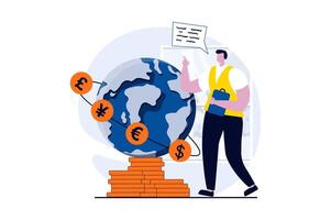 Global economic concept with people scene in flat cartoon design. Businessman earns money in different currencies by investing in international startups. illustration visual story for web vector