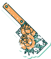 iconic distressed sticker tattoo style image of a cleaver and flowers png