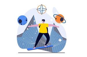 Metaverse concept with people scene in flat cartoon design. Man in VR headset interacts in virtual simulation riding board and playing in space simulation. illustration visual story for web vector