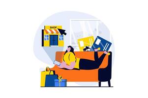 Mobile commerce concept with people scene in flat cartoon design. Woman makes online purchases and buying goods with her credit cards in application at home. illustration visual story for web vector