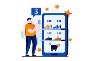 Mobile commerce concept with people scene in flat cartoon design. Man chooses new products from assortment of online store and pays in smartphone application. illustration visual story for web vector