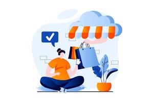 Mobile commerce concept with people scene in flat cartoon design. Woman makes online purchases, orders fast delivery at home and pays for goods in application. illustration visual story for web vector
