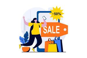 Mobile commerce concept with people scene in flat cartoon design. Woman makes online purchases after receiving notification about sales and discounts prices. illustration visual story for web vector