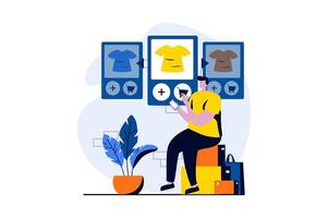 móvil comercio concepto con personas escena en plano dibujos animados diseño. hombre elige ropa desde surtido de en línea almacenar, lugares orden y paga en solicitud. ilustración visual historia para web vector