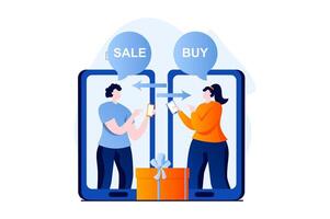 Mobile commerce concept with people scene in flat cartoon design. Woman sells goods on shop website and customer buys them online using mobile application. illustration visual story for web vector