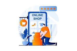 Mobile commerce concept with people scene in flat cartoon design. Man chooses products on website of store, ordering and paying for purchases using smartphone. illustration visual story for web vector