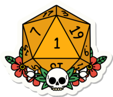 sticker of a natural one dice roll with floral elements png