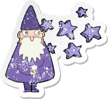 retro distressed sticker of a cartoon wizard png