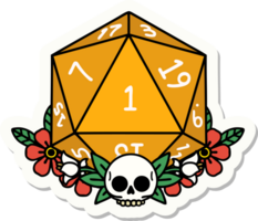 sticker of a natural one dice roll with floral elements png