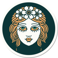 sticker of tattoo in traditional style of female face with crown of flowers png