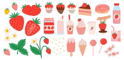 Strawberry set. Summer refreshing drinks, sweets and desserts with taste of strawberries. Chocolate strawberry. Flowers, petals, strawberries. Flat illustration isolated on white background vector