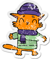 bedrövad klistermärke av en tecknad katt i vinterkläder png