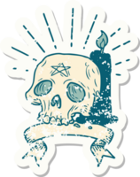 worn old sticker of a tattoo style spooky skull and candle png