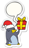 cartone animato pinguino con Natale presente con discorso bolla etichetta png