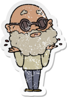 distressed sticker of a cartoon curious man with beard and sunglasses png