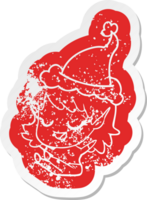happy quirky cartoon distressed sticker of a elf girl sitting wearing santa hat png