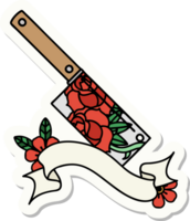 tattoo style sticker with banner of a cleaver and flowers png