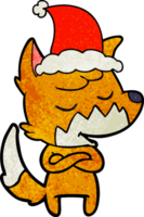 friendly hand drawn textured cartoon of a fox wearing santa hat png