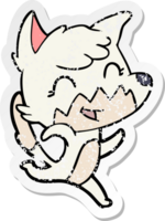 distressed sticker of a happy cartoon fox png