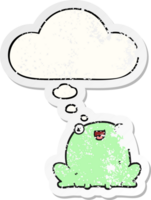 cartoon frog with thought bubble as a distressed worn sticker png