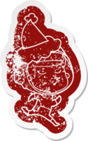 excentrique dessin animé affligé autocollant de une sur de soi astronaute portant Père Noël chapeau png