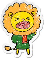 autocollant en détresse d'un lion de dessin animé en vêtements d'hiver png