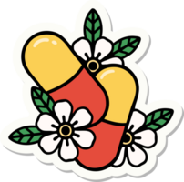 sticker van tatoeëren in traditioneel stijl van pillen en bloemen png