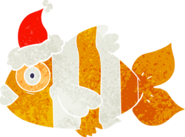 main tiré rétro dessin animé de une exotique poisson portant Père Noël chapeau png