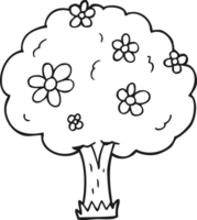 hand- getrokken zwart en wit tekenfilm boom met bloemen png