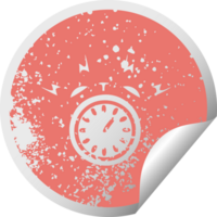 distressed circular peeling sticker symbol of a ringing alarm clock png