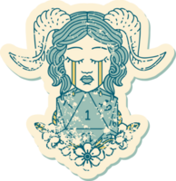 grunge sticker of a crying tiefling with natural one D20 dice roll png