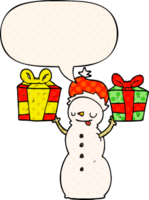 cartoon snowman with present with speech bubble in comic book style png