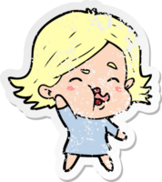 distressed sticker of a cartoon girl pulling face png