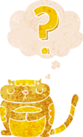 cartoon cat with question mark with thought bubble in grunge distressed retro textured style png