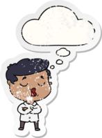 cartone animato uomo parlando con pensato bolla come un' afflitto logoro etichetta png