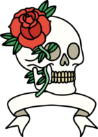 tatuaje tradicional con pancarta de calavera y rosa png