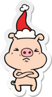 hand drawn sticker cartoon of a angry pig wearing santa hat png