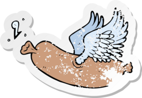 retro distressed sticker of a cartoon flying sausage png