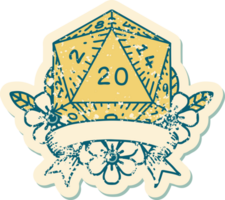 Retro Tattoo Style natural 20 critical hit D20 dice roll png