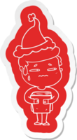 quirky cartoon  sticker of a anxious boy carrying book wearing santa hat png