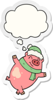 cartoon pig wearing christmas hat with thought bubble as a printed sticker png