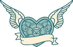 iconic tattoo style image of a flying heart with flowers and banner png