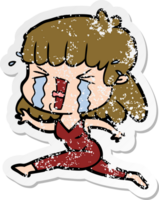 distressed sticker of a cartoon woman in tears png