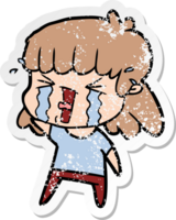 distressed sticker of a cartoon woman in tears png